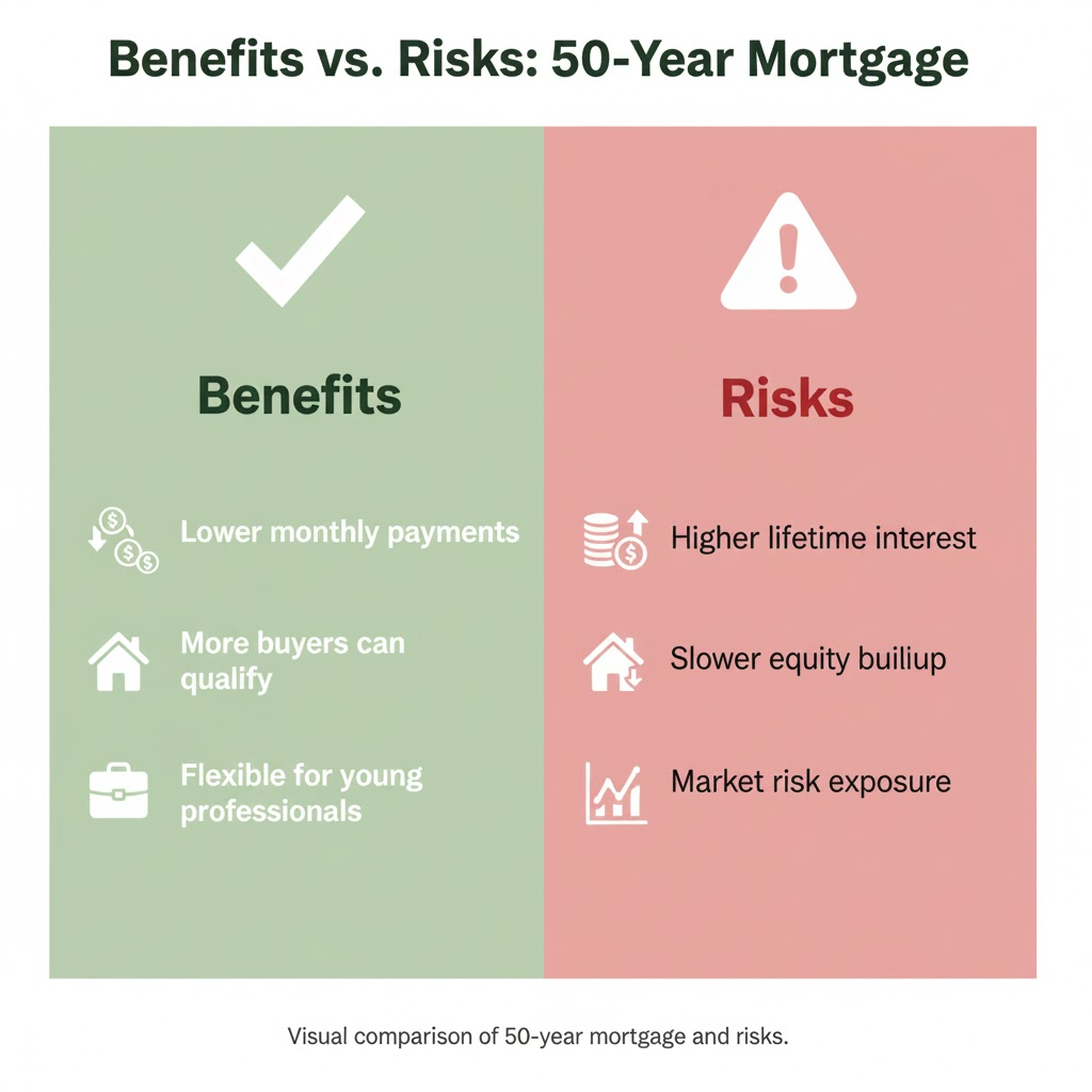 Visual Comparison of 50-Year Mortgage Benefits and Risks.