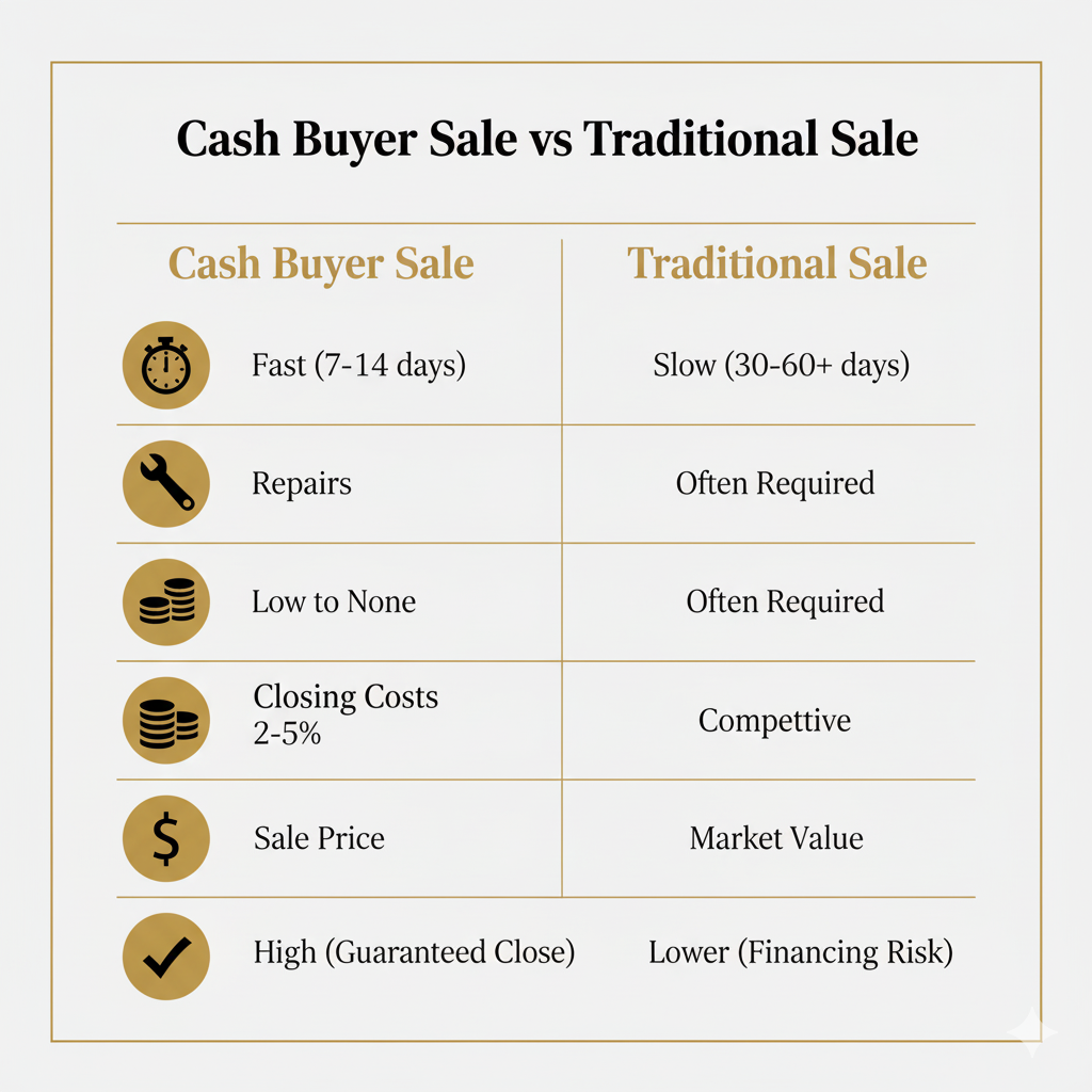 Comparison table showing differences between cash home sales and traditional listings in Mercer County.