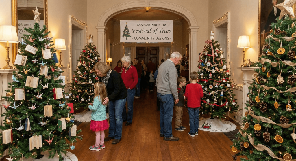 Holiday themed decorated trees at Movern Museum