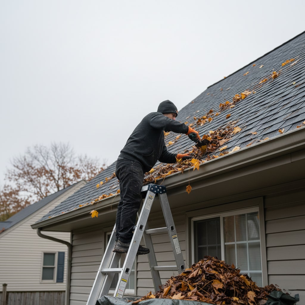 Worker cleaning leaves from gutters to prevent ice dams during New Jersey winter.