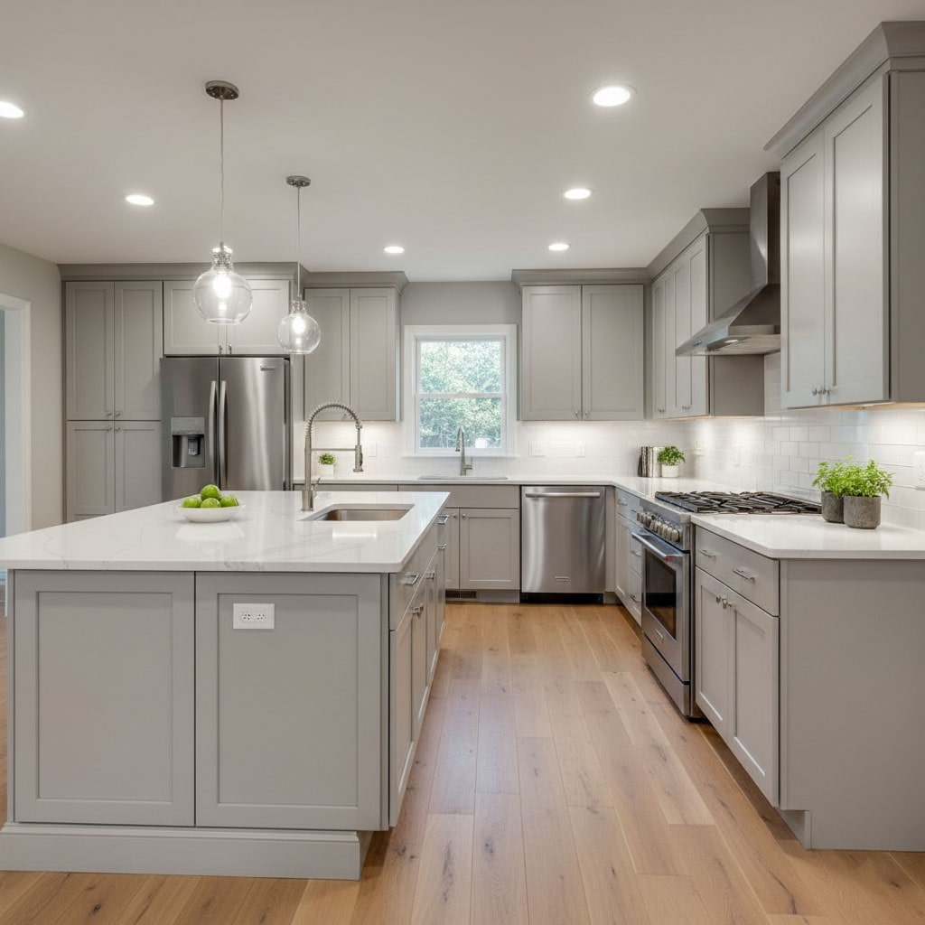 Modern New Jersey kitchen renovation with new cabinets, countertops, and lighting to increase home value.