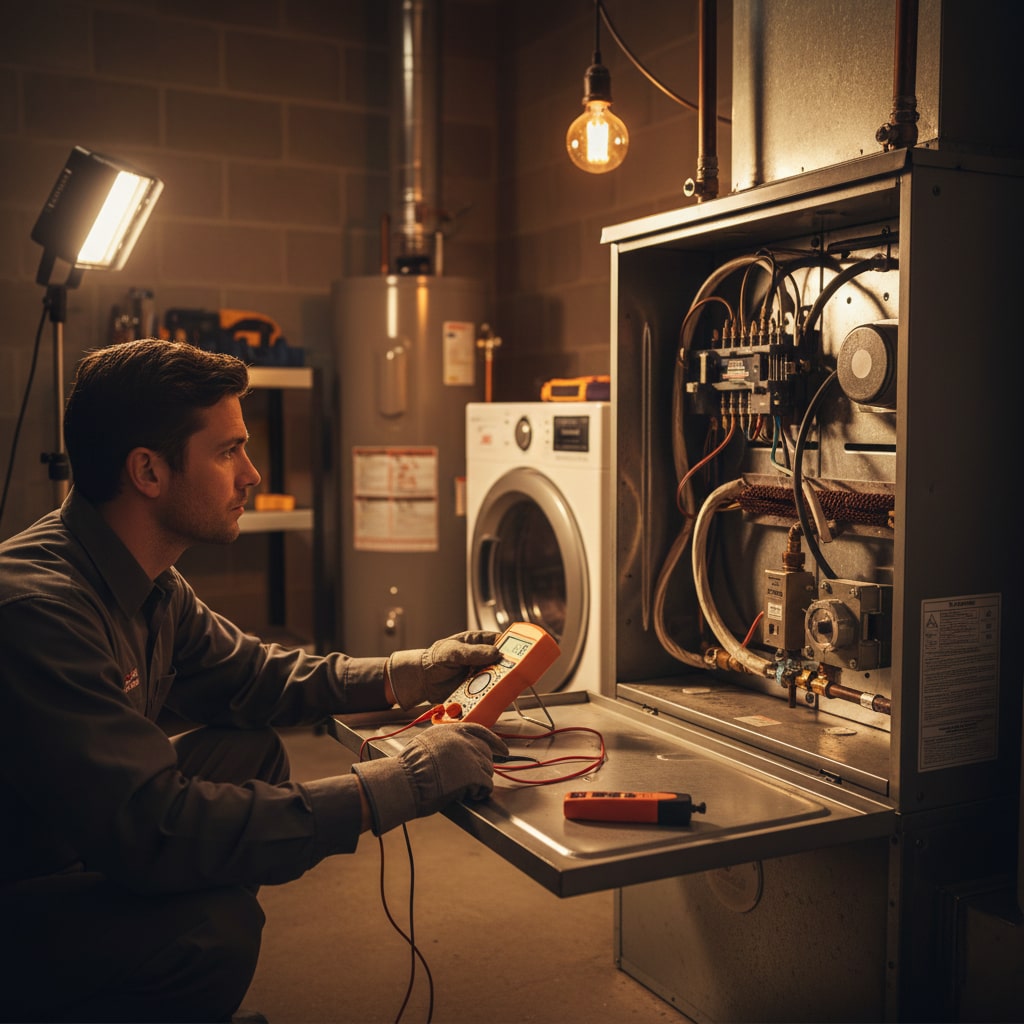 HVAC technician inspecting a furnace for winter heating system maintenance in New Jersey.