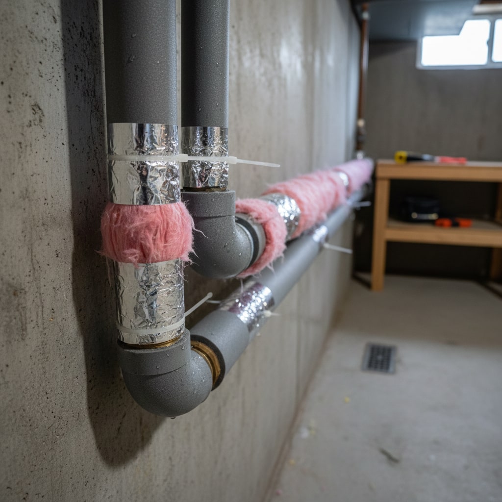 Insulated water pipes in a basement to prevent freezing and burst pipes during New Jersey winter.
