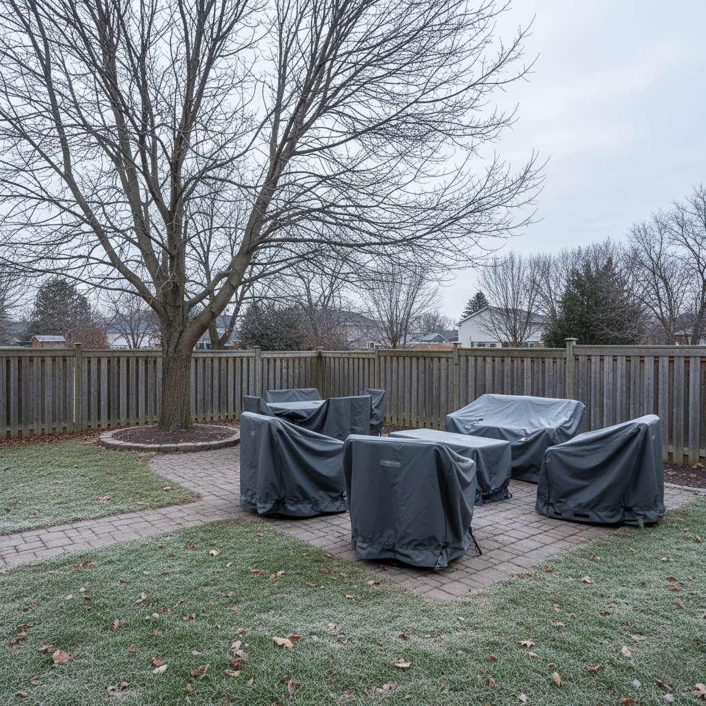Covered patio furniture and trimmed branches showing outdoor home preparation for winter in New Jersey.