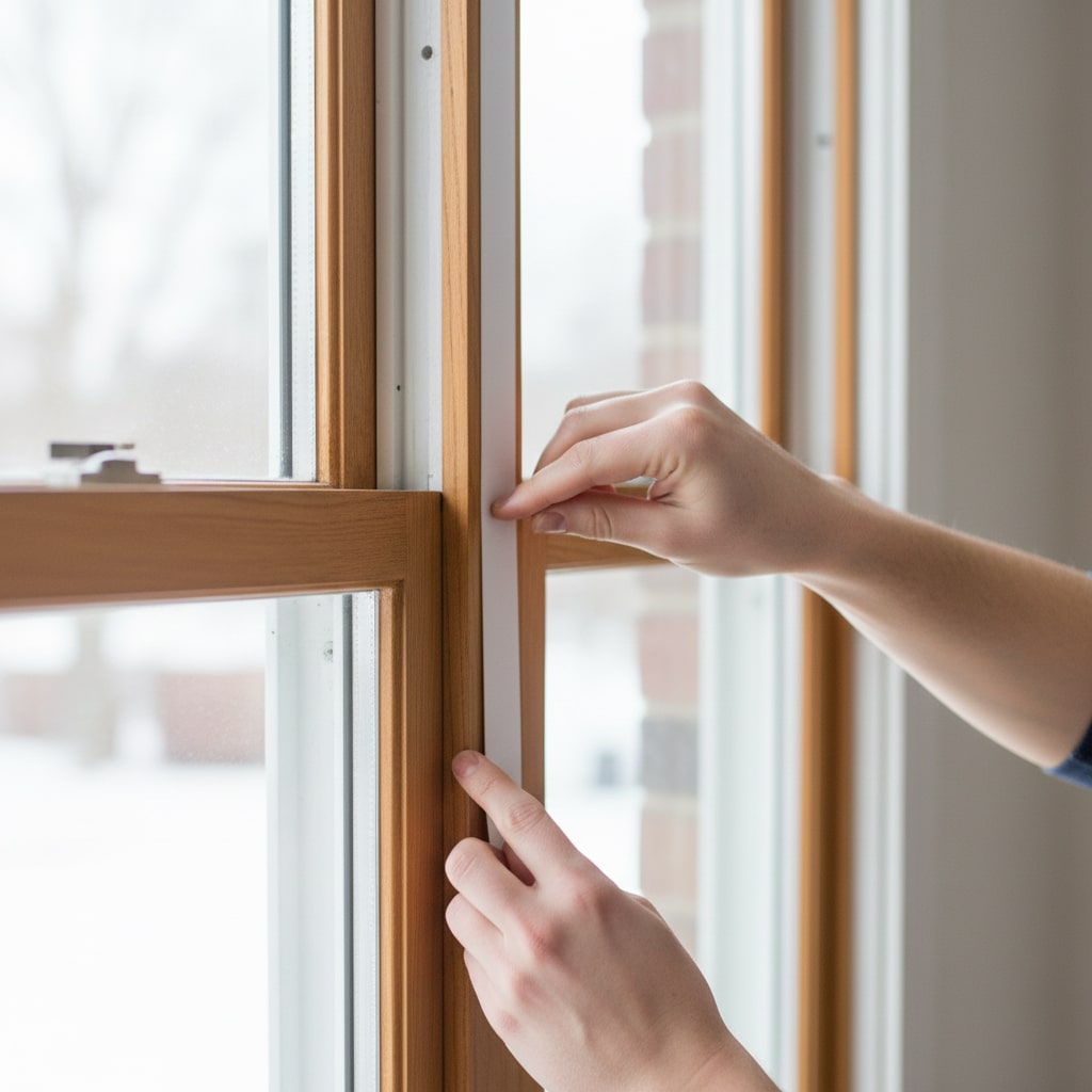 Homeowner applying weather stripping to a window to seal drafts and improve insulation for winter.