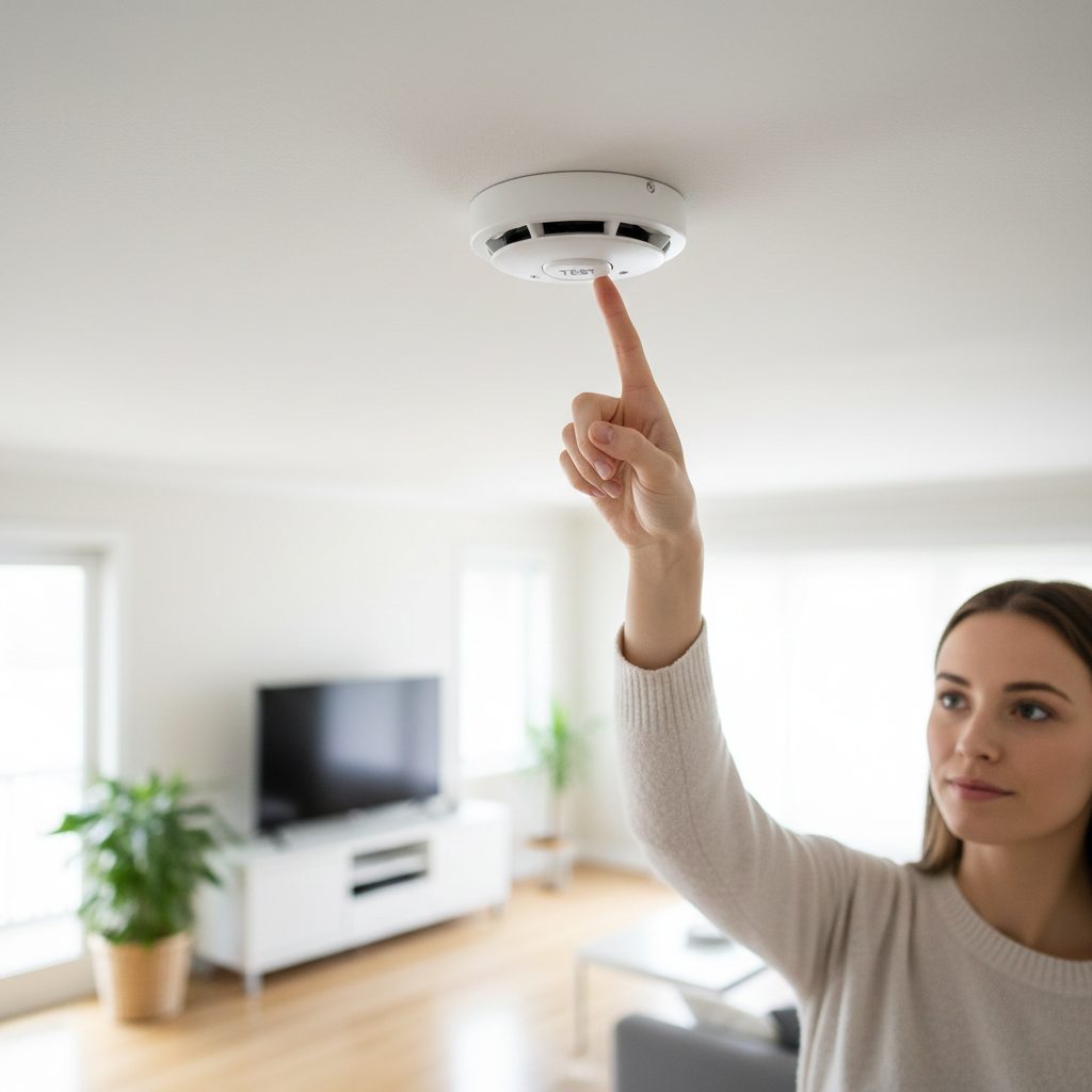 Homeowner pressing the test button on a smoke detector for winter safety preparedness.