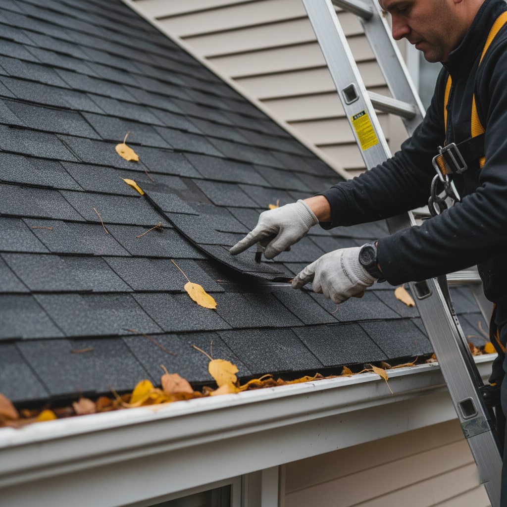 Close-up of a roof with missing shingles being inspected before winter storms in New Jersey.