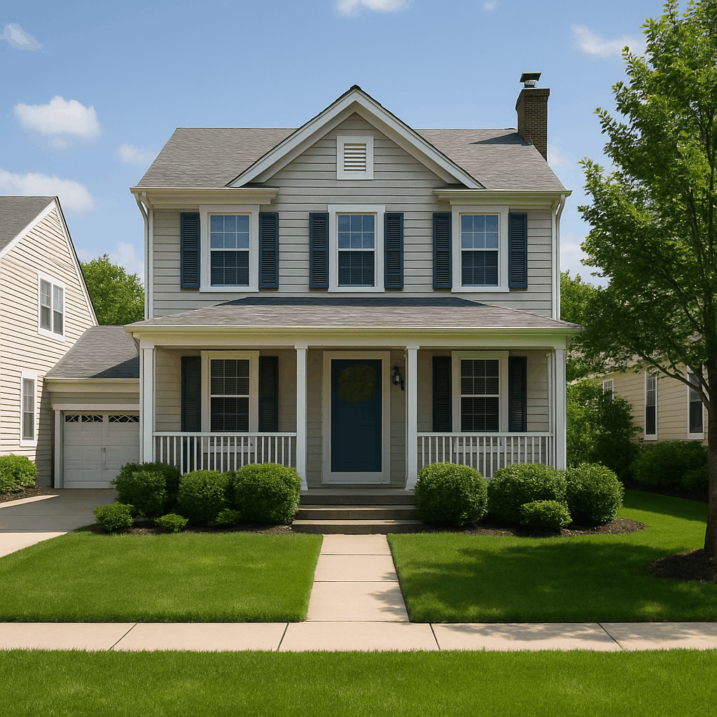 A well-maintained two-story beige siding house with dark blue shutters and a matching front door, featuring a lush green lawn, manicured hedges, and a two-car garage under a clear blue sky.