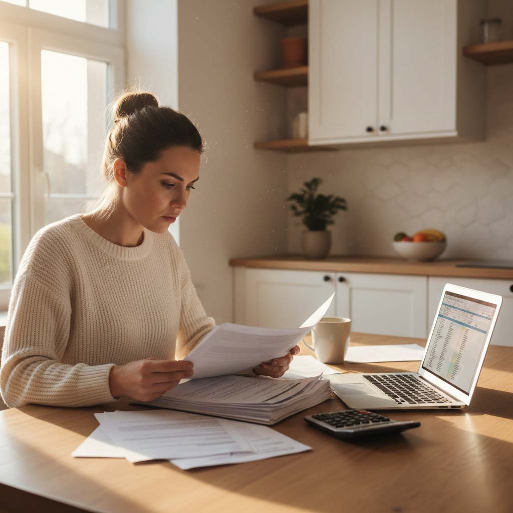 A woman in a white sweater sitting at a wooden kitchen table, reviewing paperwork with a laptop and calculator nearby in a bright, sunlit modern kitchen.