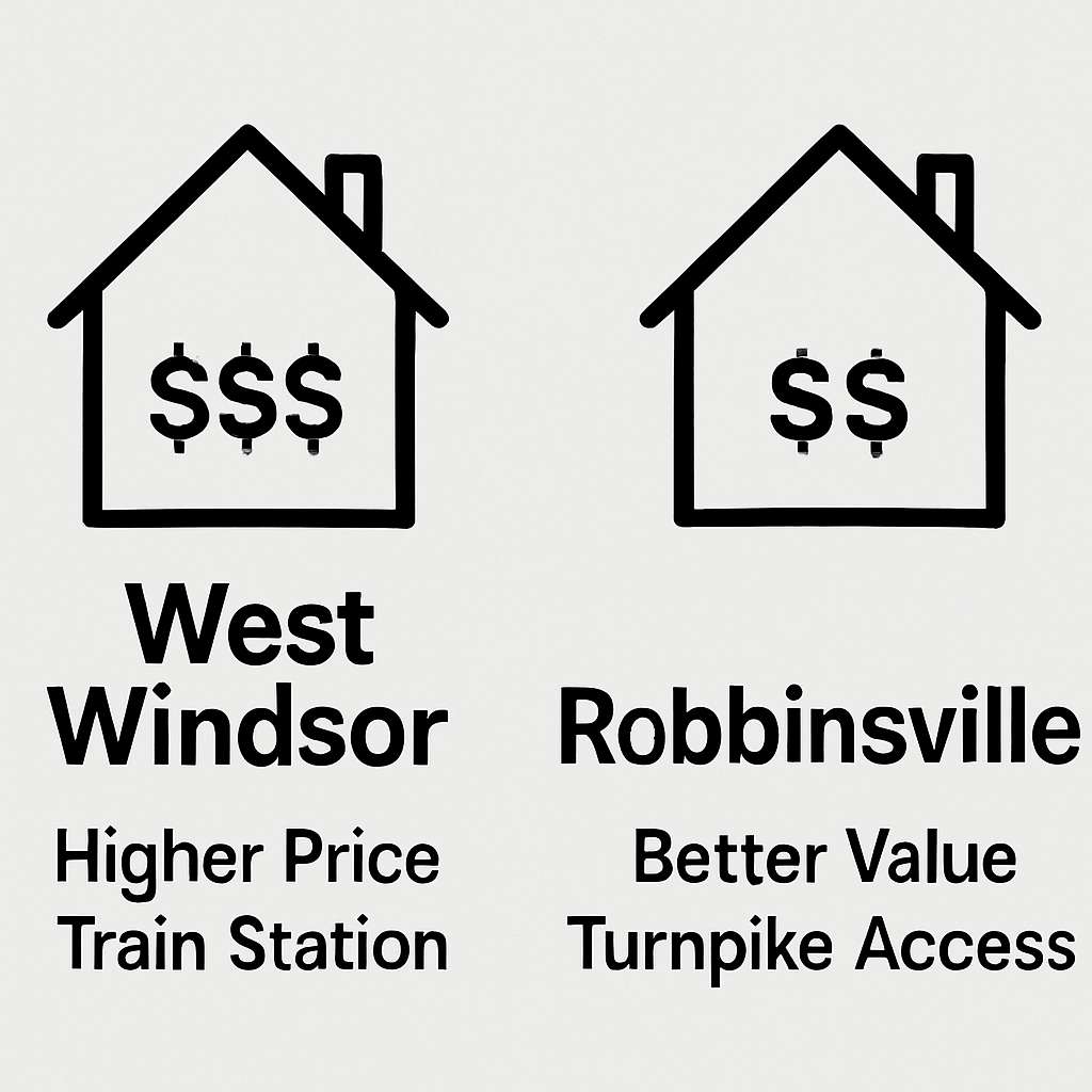 A comparison graphic between West Windsor and Robbinsville real estate. West Windsor is shown with three dollar signs, "Higher Price," and "Train Station." Robbinsville is shown with two dollar signs, "Better Value," and "Turnpike Access.