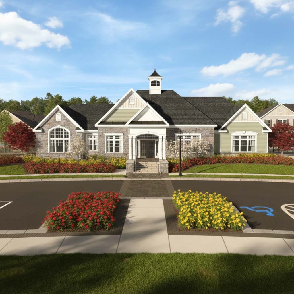 A modern luxury clubhouse at the Townes at West Windsor in Mercer County, NJ, featuring stone and siding architecture, a central cupola, vibrant flower beds, and a clear blue sky with light clouds.