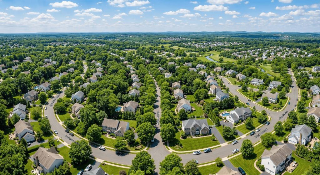 Aerial view of residential homes and neighborhoods in Monmouth County New Jersey