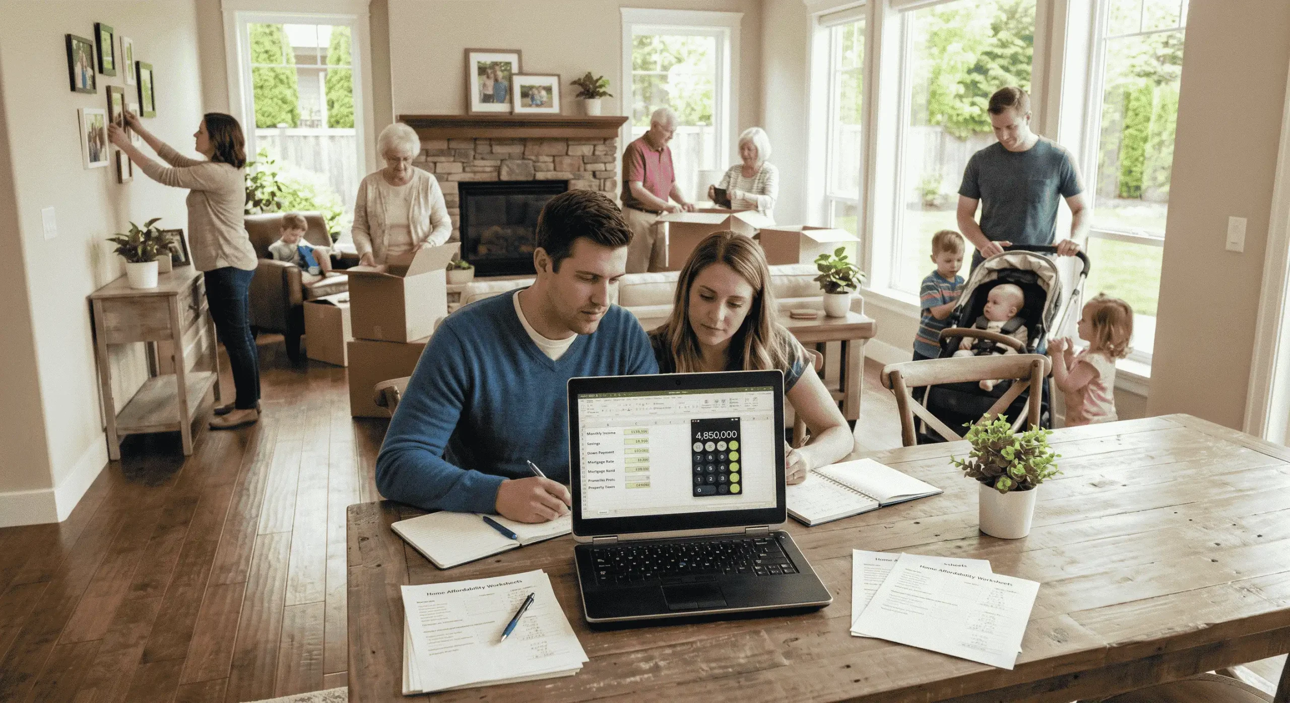 Buyers calculating home affordability using an online mortgage calculator