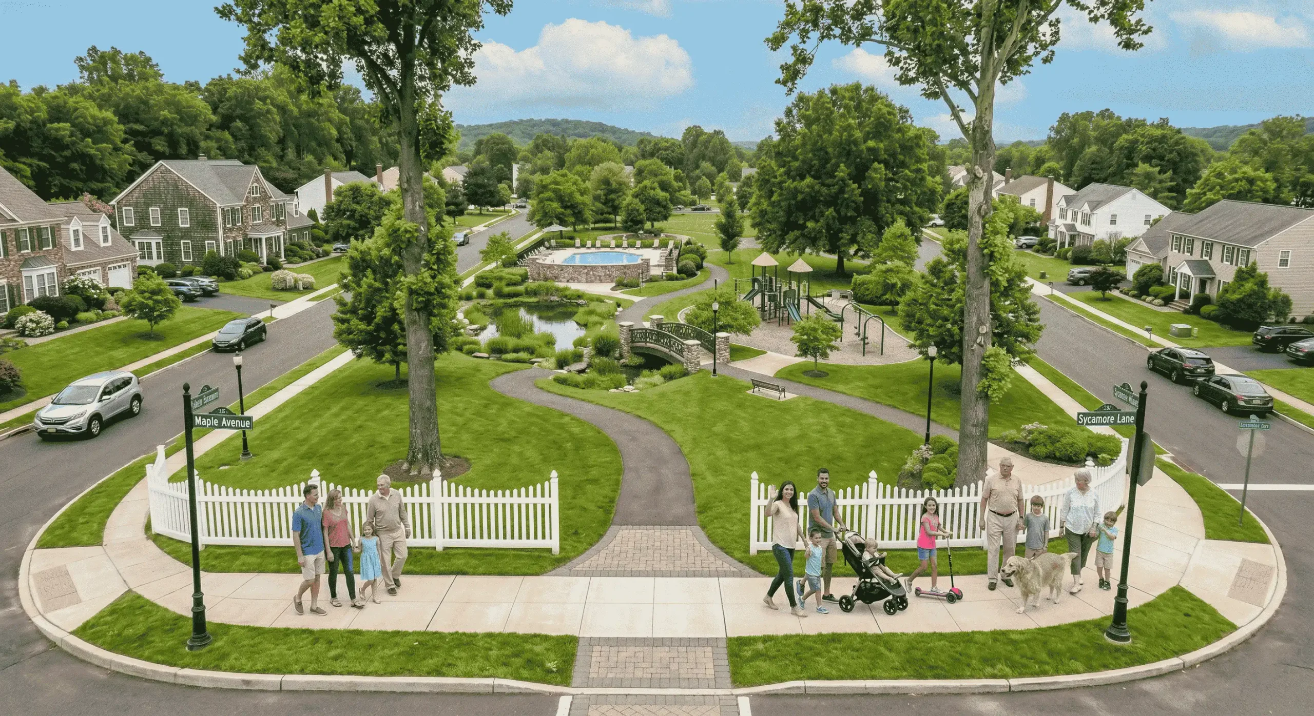 Family-friendly neighborhood in Central New Jersey with parks and homes