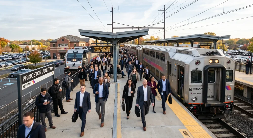 Commuters boarding NJ TRANSIT train at Princeton Junction Station in Central New Jersey