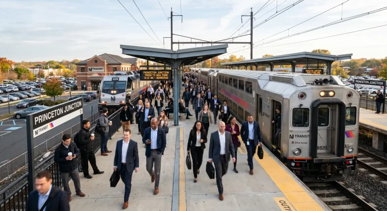 Commuters boarding NJ TRANSIT train at Princeton Junction Station in Central New Jersey