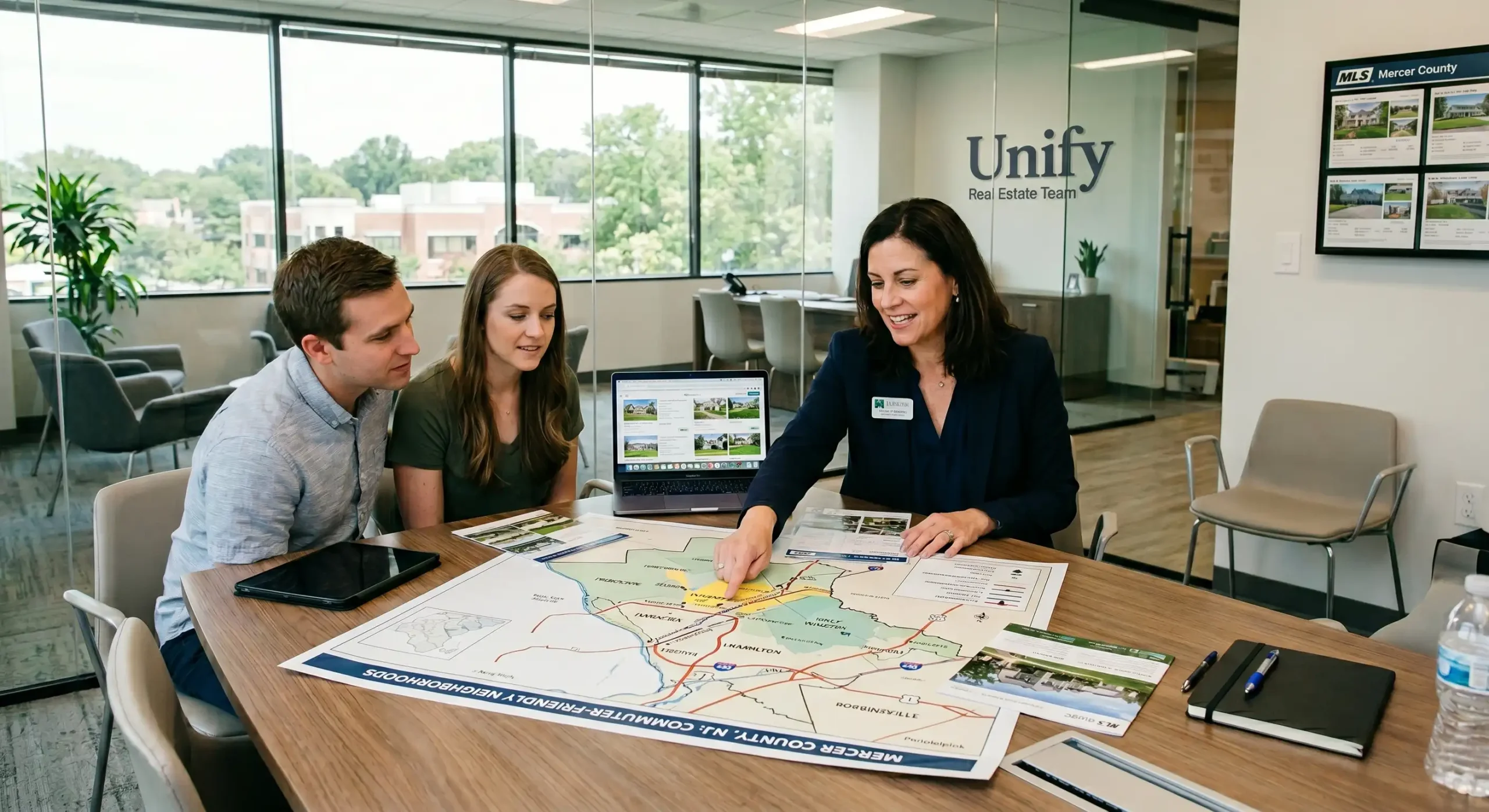 Real estate agent discussing commuter-friendly homes with buyers in Mercer County NJ