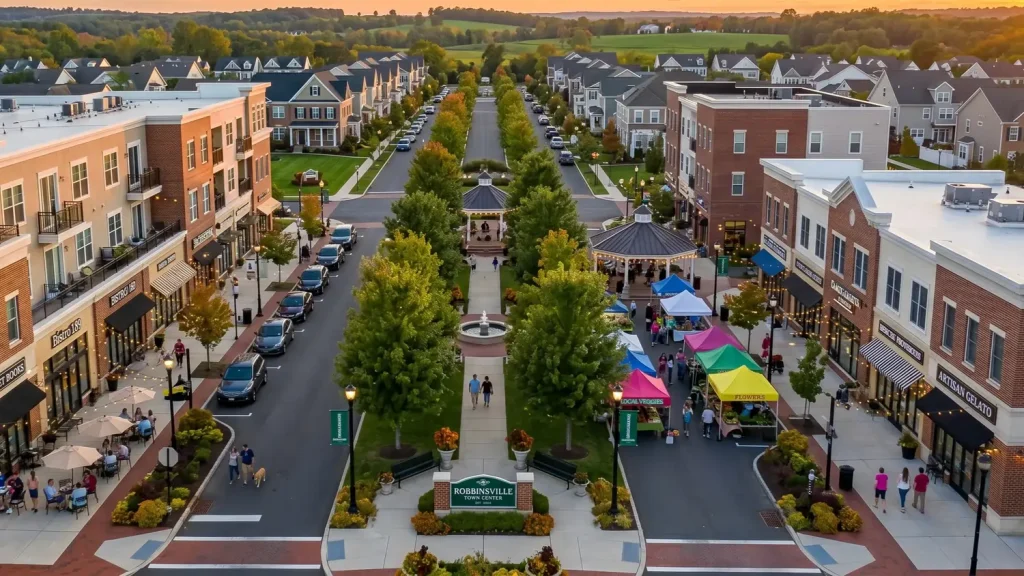 Homes and walkable streets in Robbinsville Town Center New Jersey